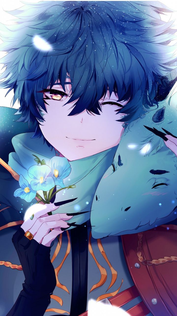 Anime Boy Dragon Blue Flowers Original Artwork