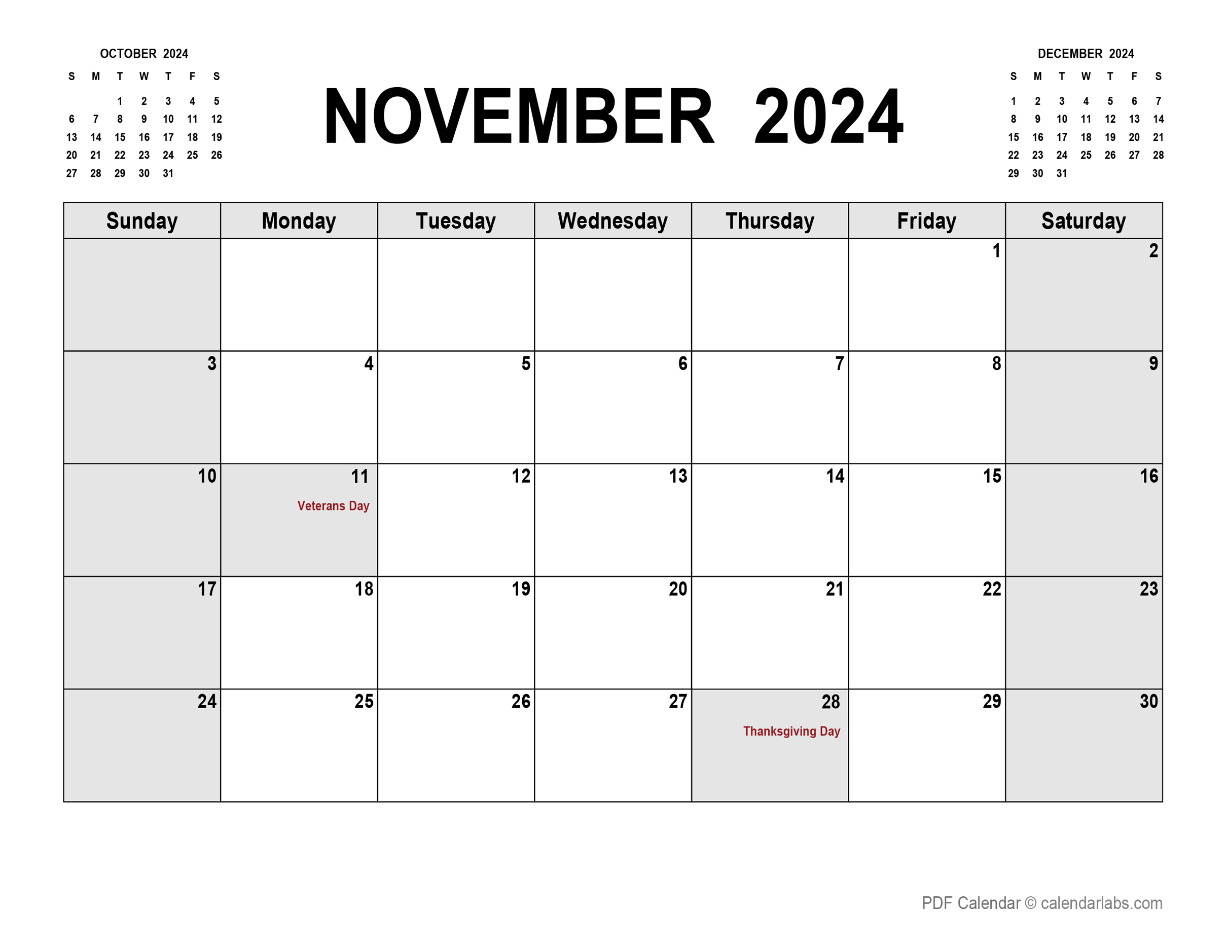 November 2024 Calendar: A clean and simple monthly calendar for November 2024, highlighting Veterans Day and Thanksgiving