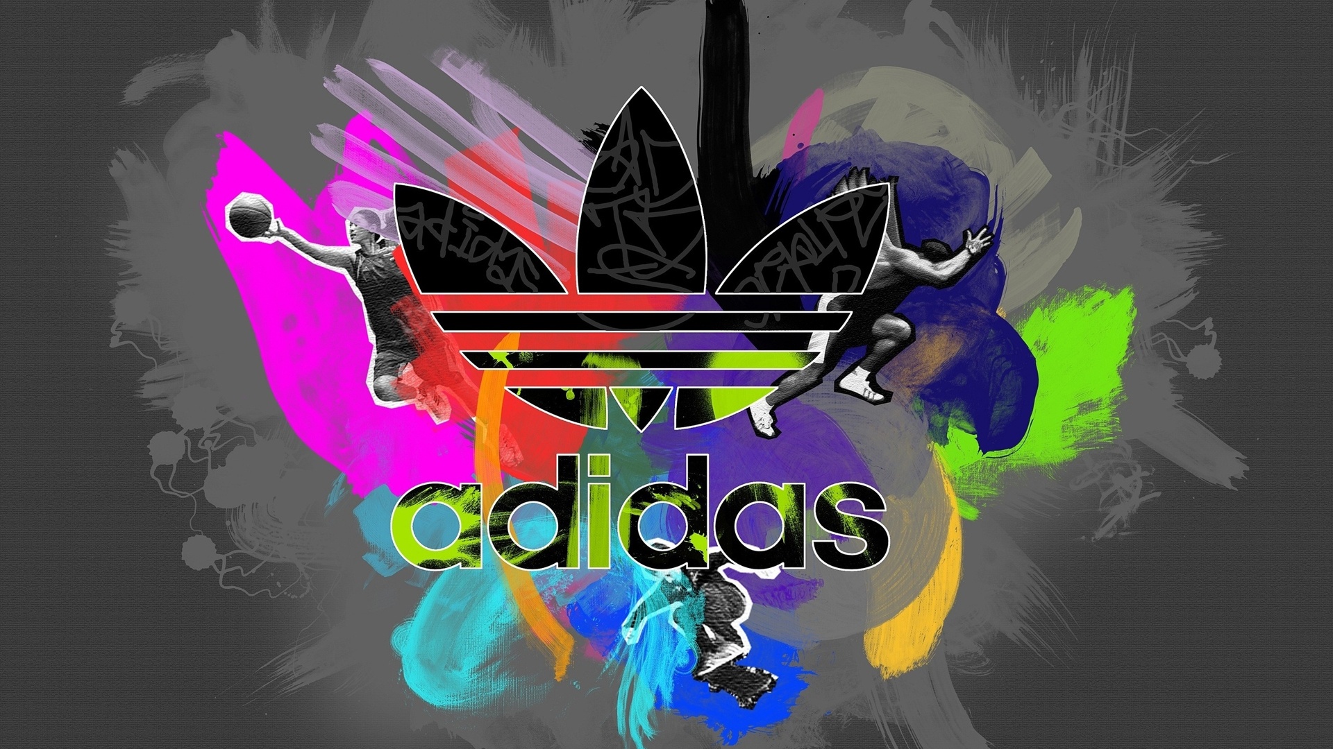 A vibrant and dynamic Adidas wallpaper featuring the iconic trefoil logo overlaid with graffiti art and images of athletes in motion