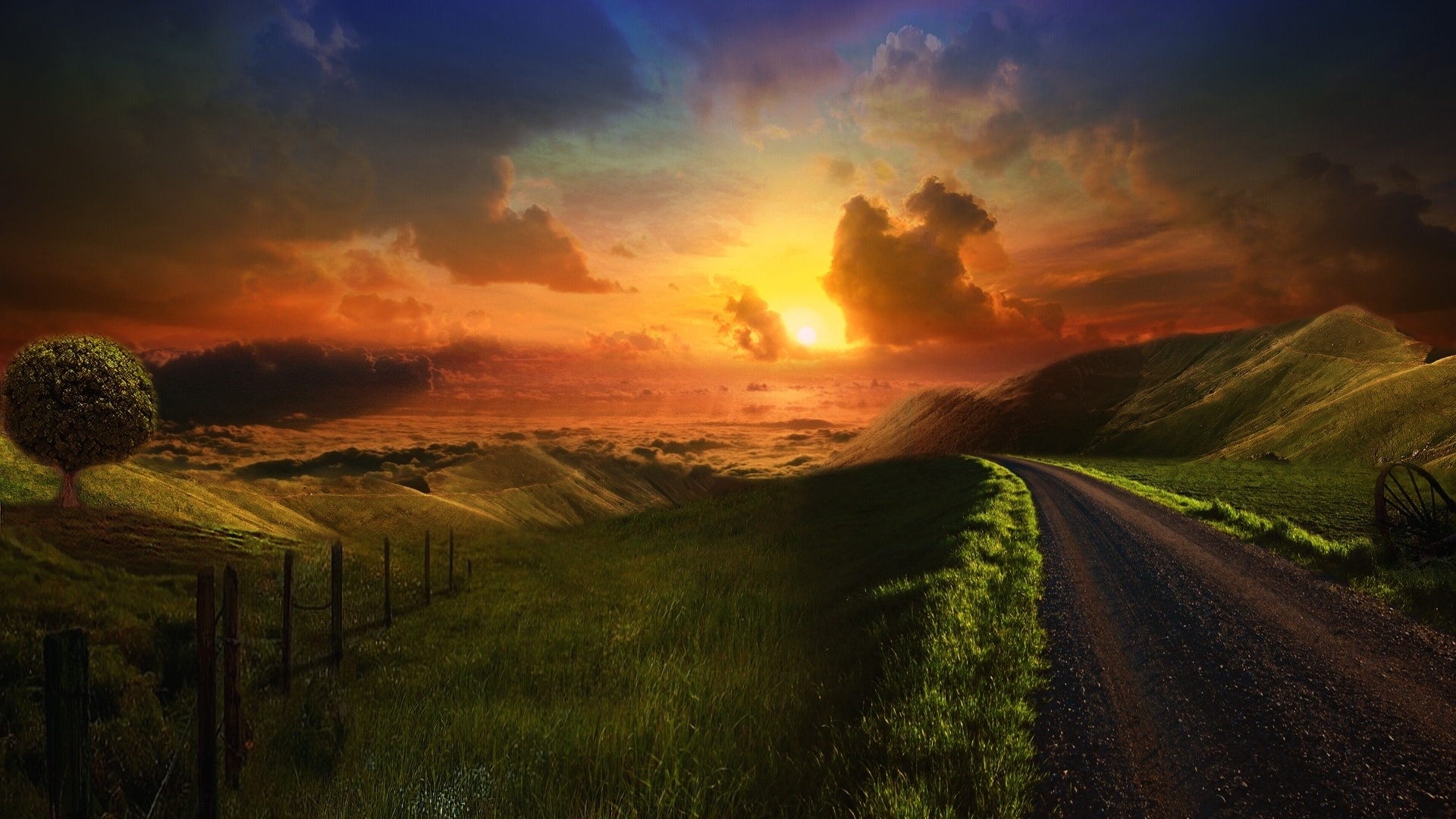 Sunset Valley Fences Road Desktop Pc And Mac Wallpaper