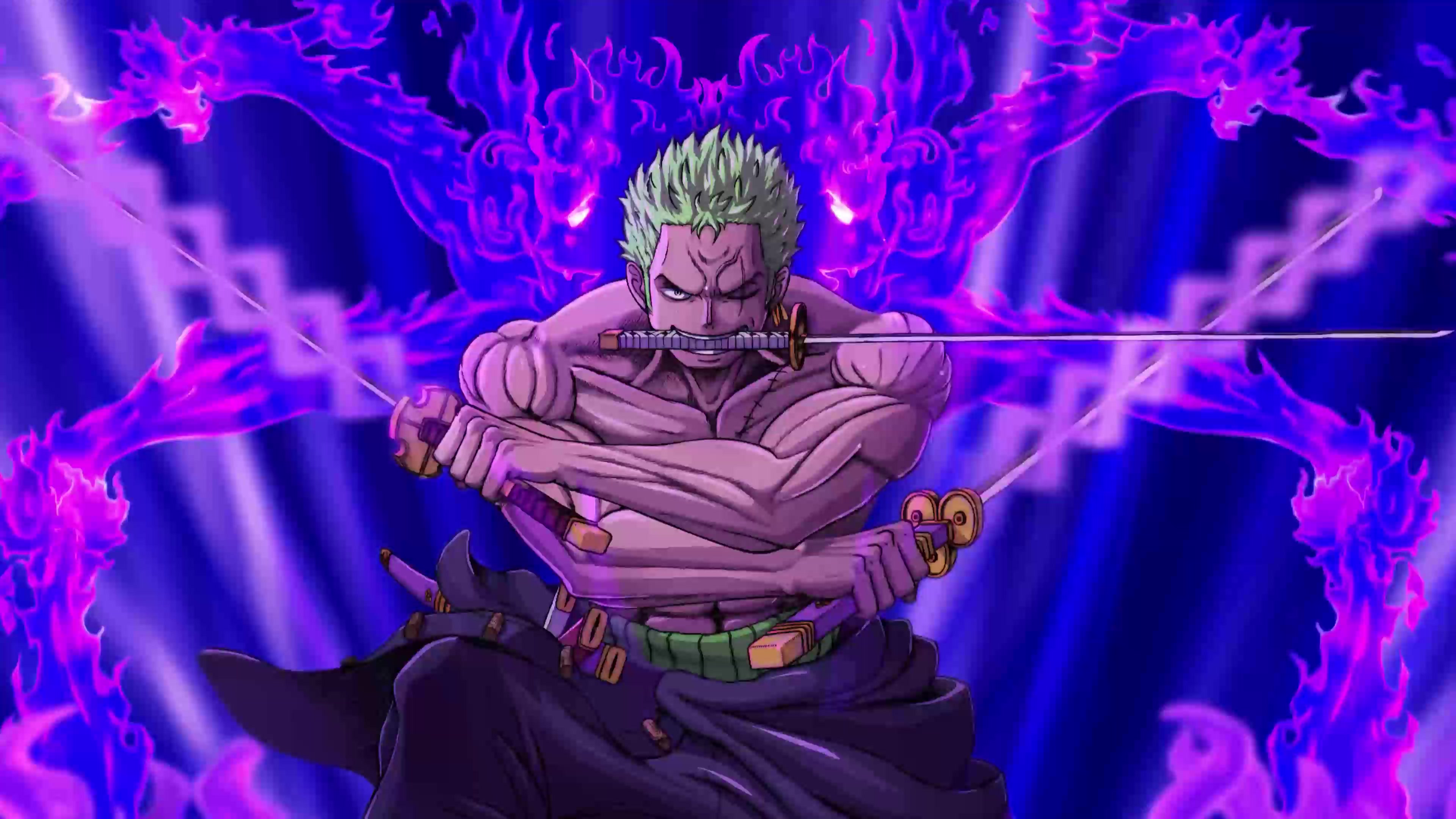 A vibrant illustration of Roronoa Zoro from One Piece, wielding his three swords amidst a backdrop of dynamic purple flames, suitable for a live wallpaper