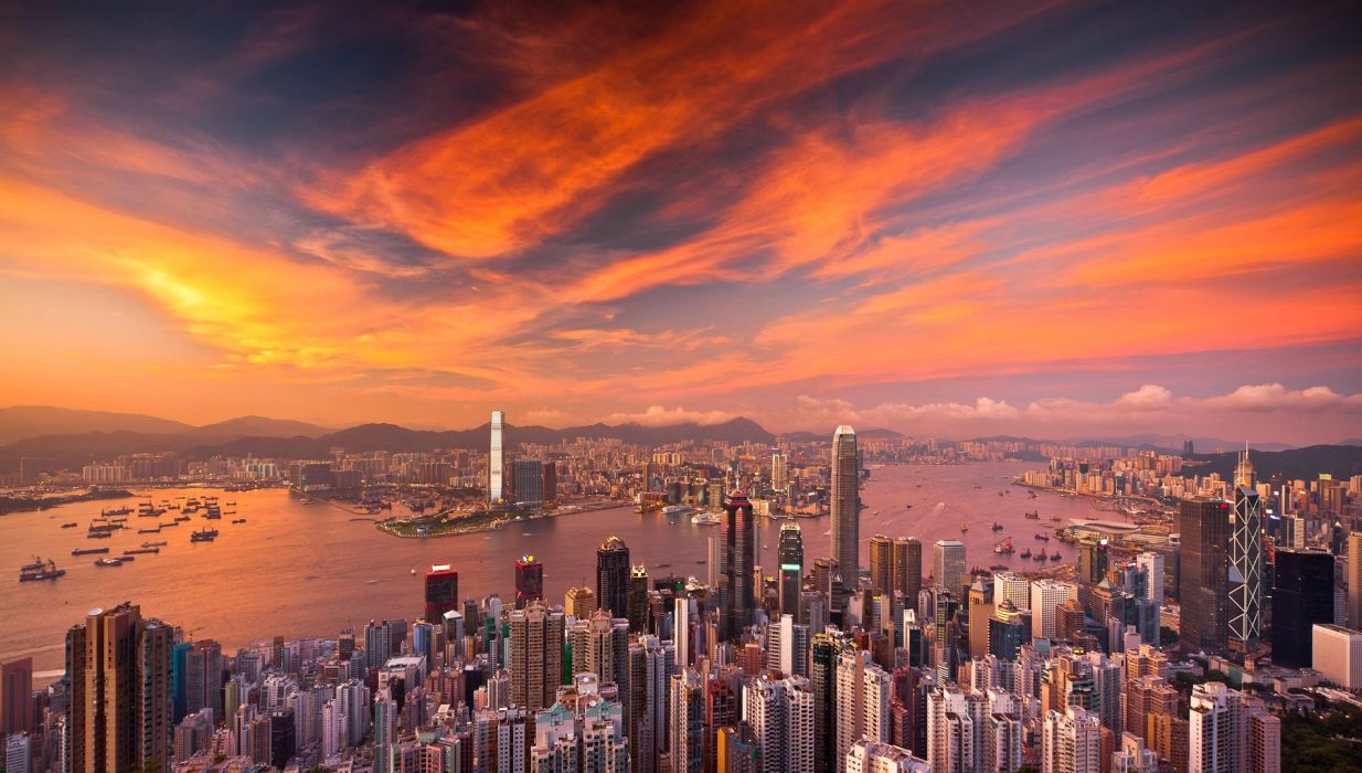 Buildings Skyscrapers Sunset Clouds Aerial Hong Kong Wallpaper