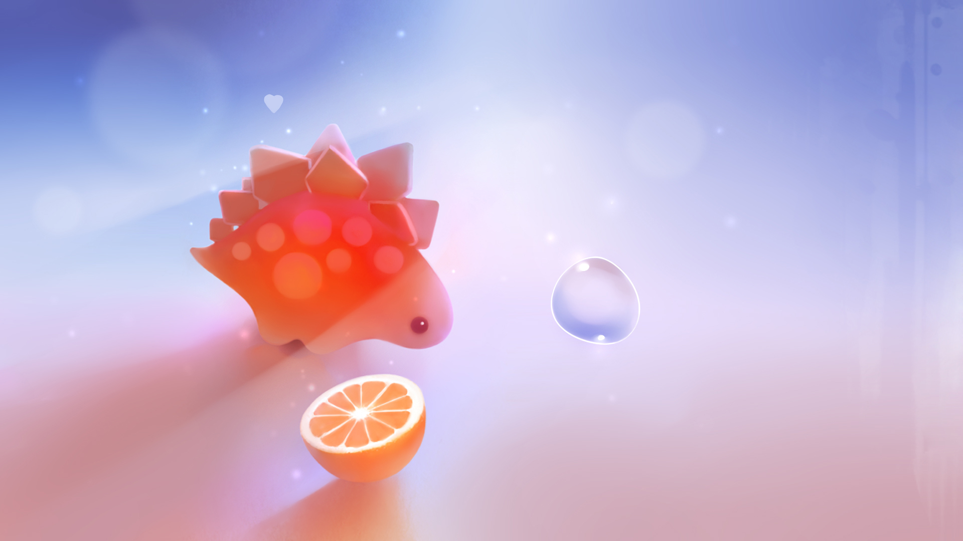 A cute, cartoon dinosaur looks at a sliced orange on a gradient background in this adorable dinosaur wallpaper