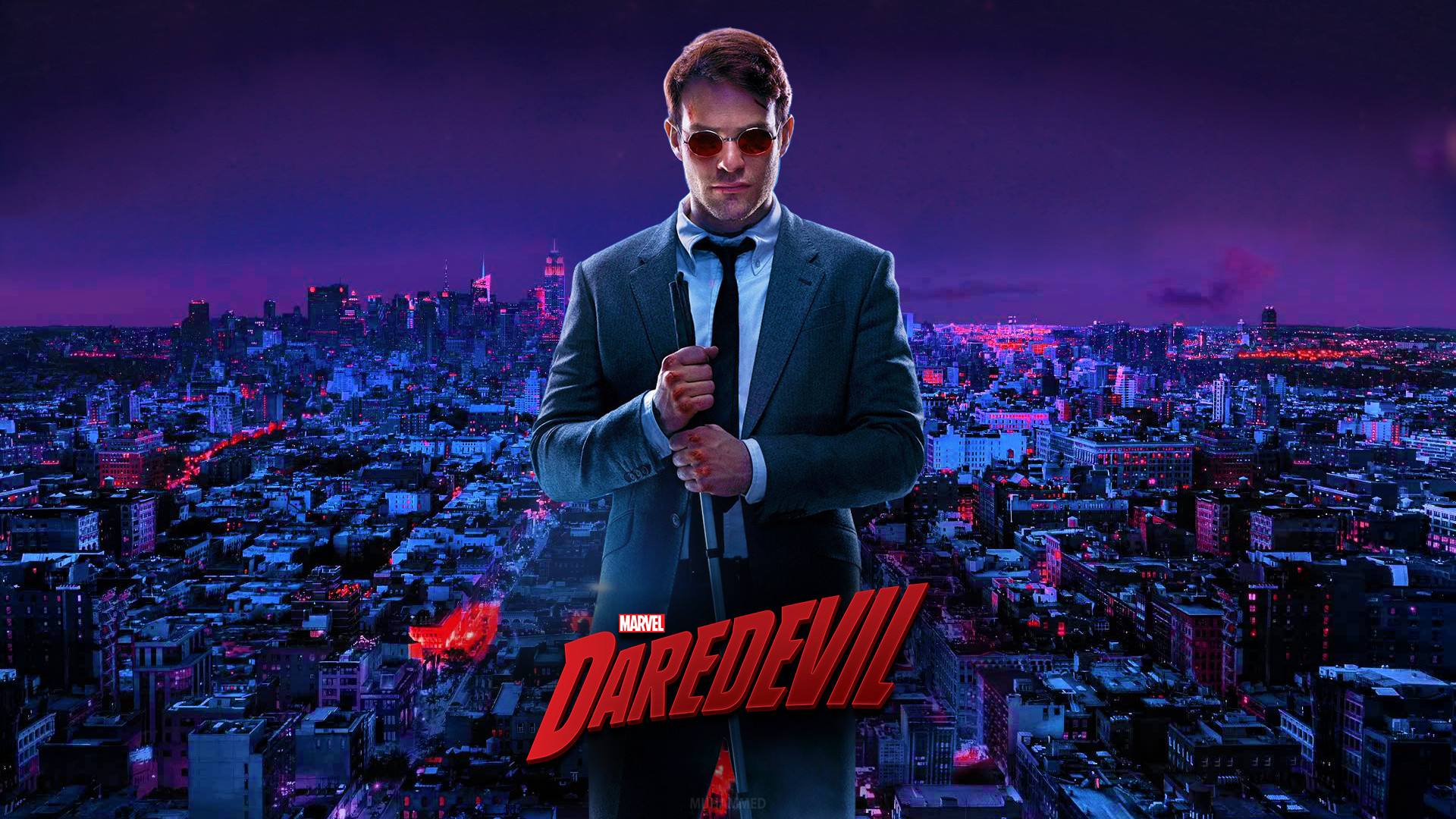 Daredevil stands stoically against the backdrop of a neon-lit New York City skyline in this Netflix wallpaper