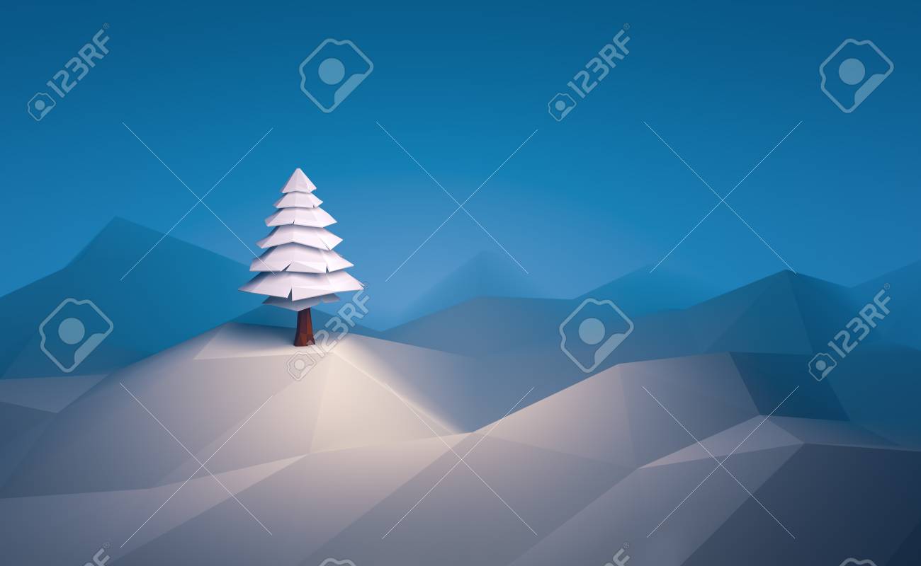 3d Illustration Winter Tree Low Poly Christmas Scene Background