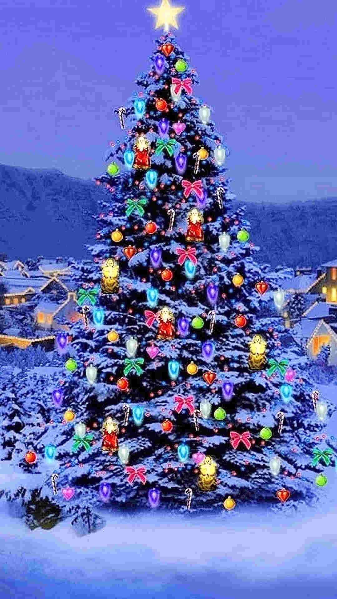 A beautifully decorated Christmas tree with colorful lights, ornaments, and a star on top, set against a snowy winter village backdrop