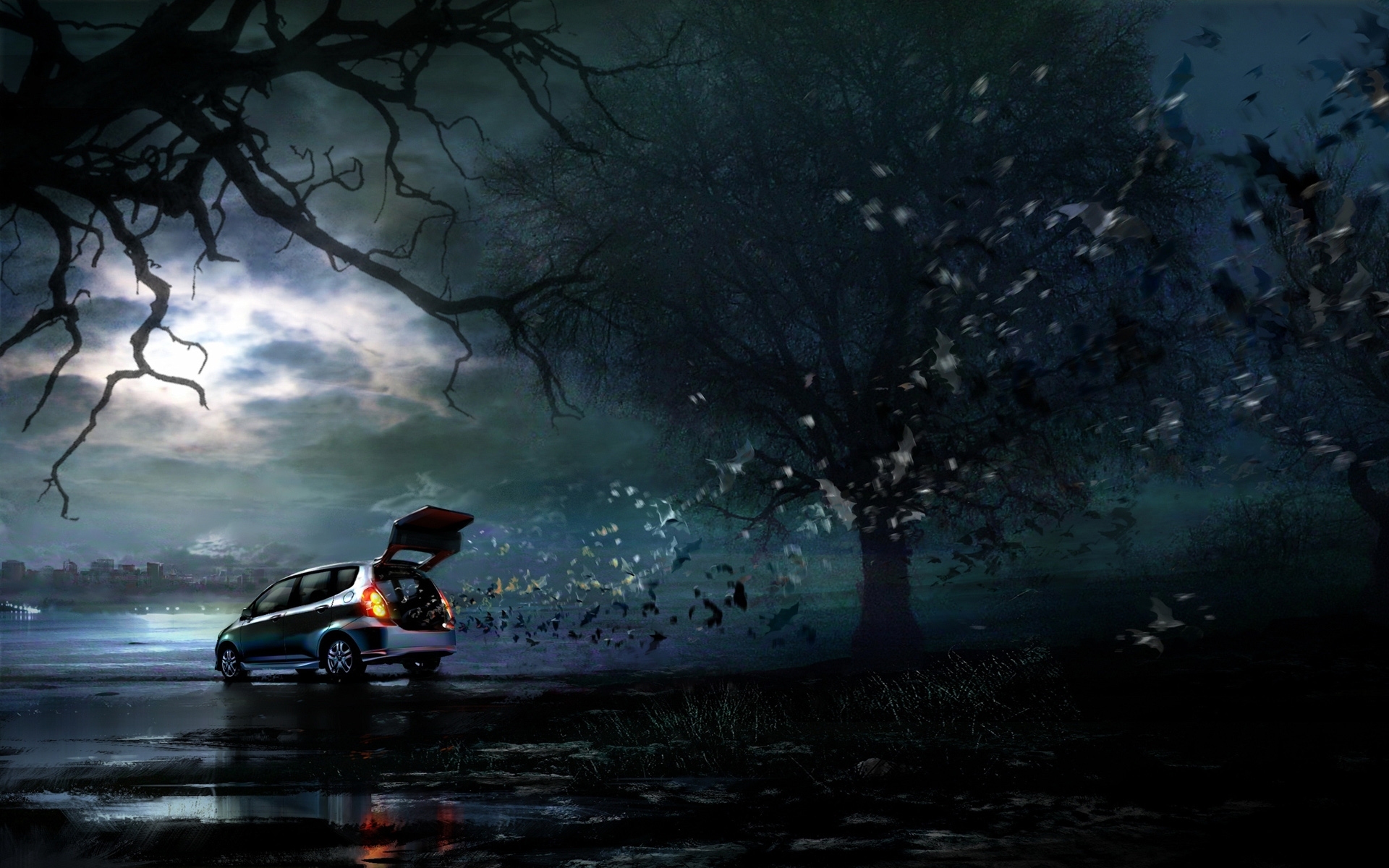 Escape Black Dark Trees Car Sky Moon Night