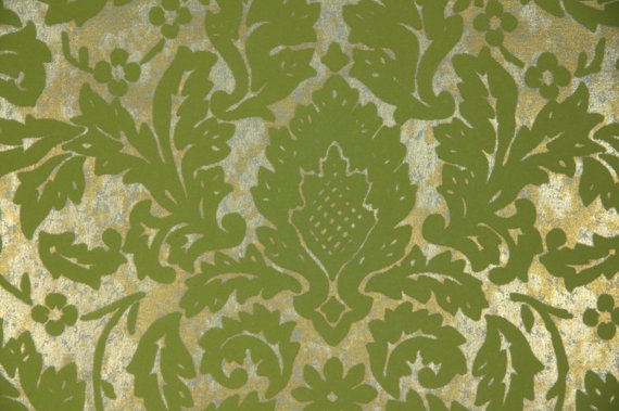 S Retro Wallpaper Vintage Green Flocked Leaf Damask On Metallic