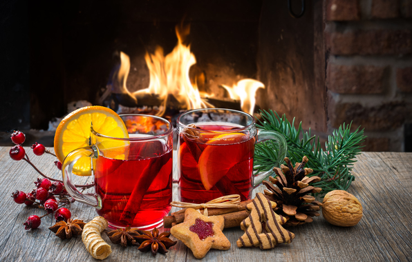 Wallpaper Holiday Fireplace Fire Biscuits Wine Happy New Year