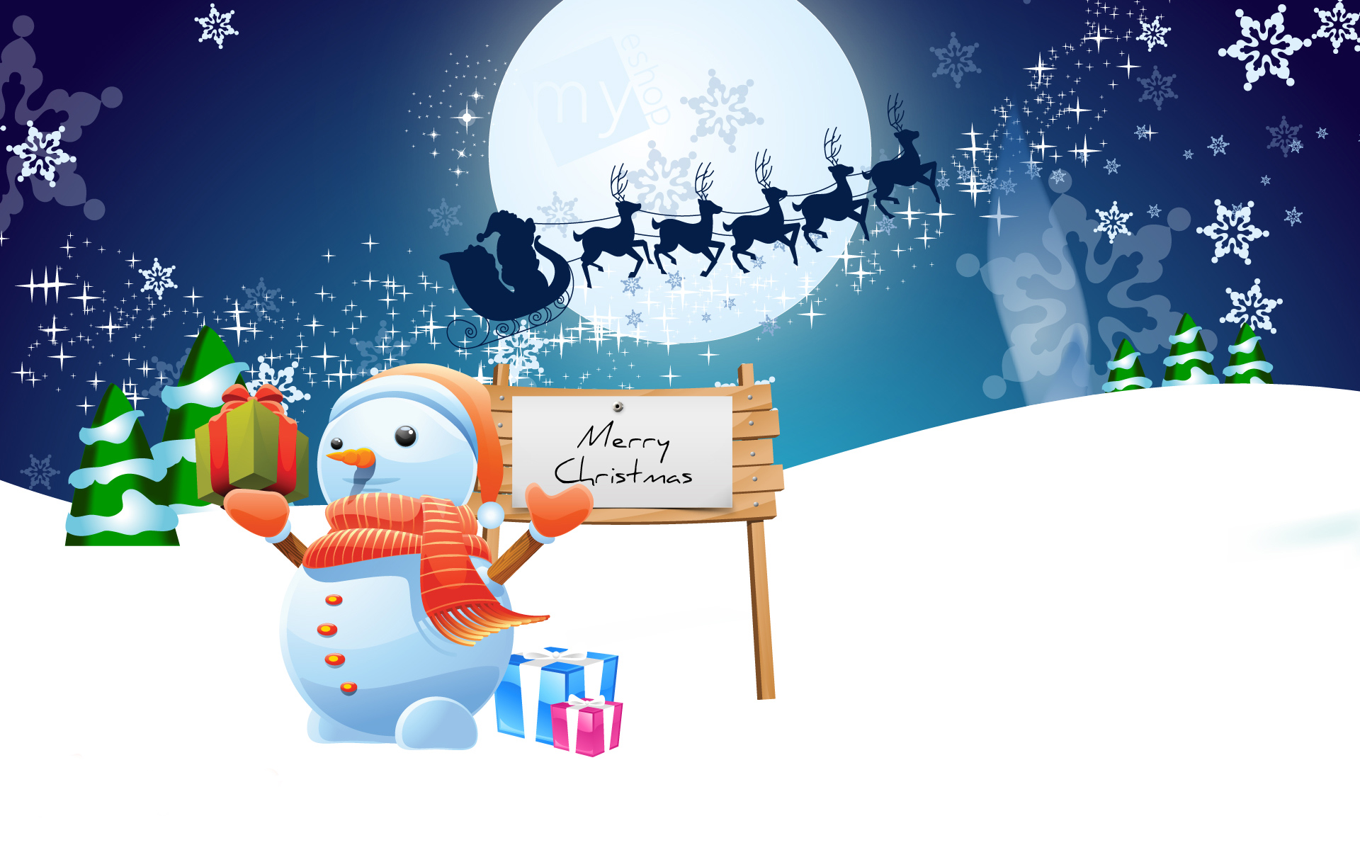 wallpaper of a lovely cartoon picture about Snowman in Christmas