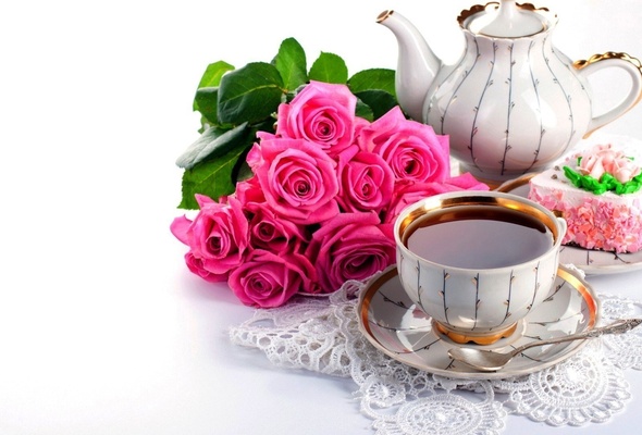 Wallpaper Tea Drink Flower Rose Cup Cake Bouquet Teapot Desktop