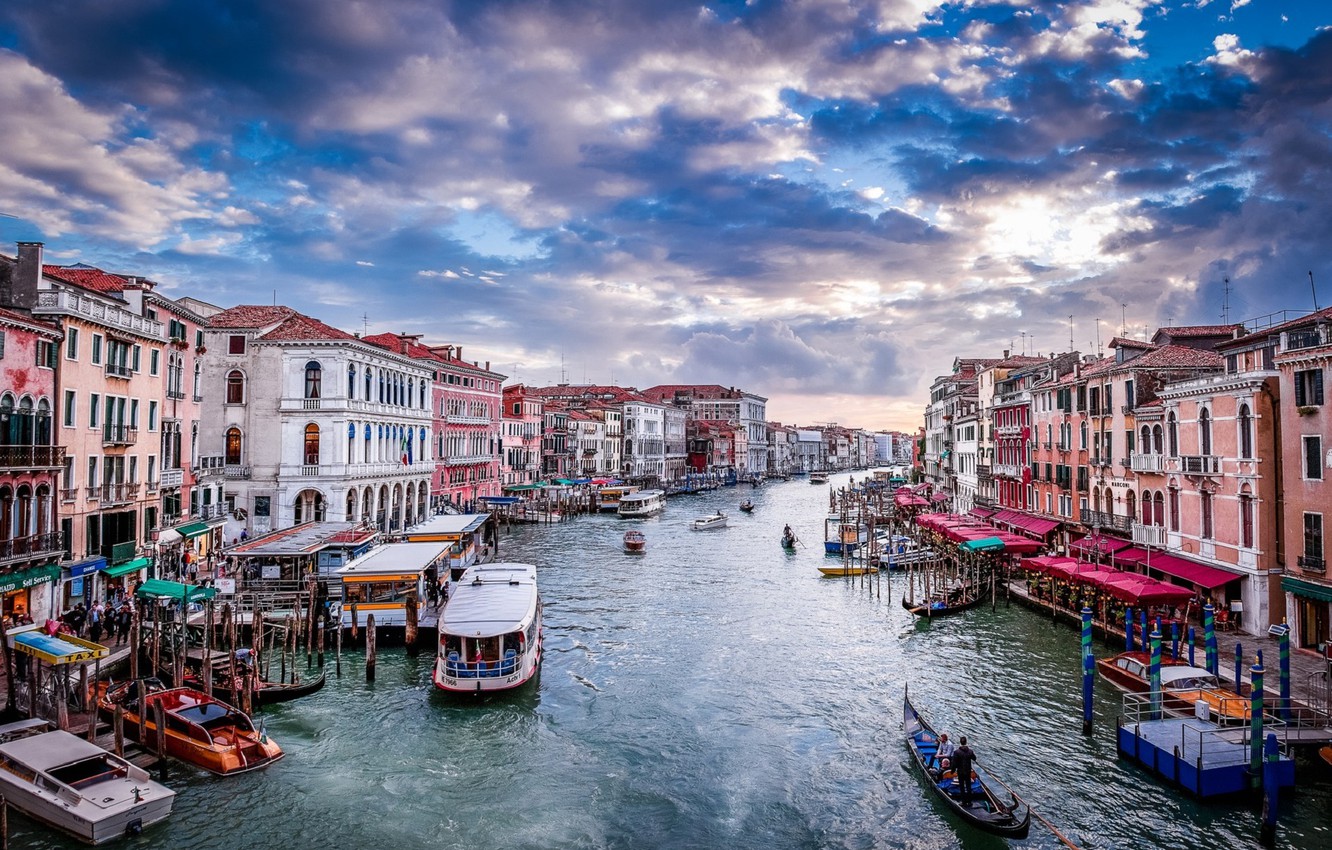 Wallpaper Sunset Boats Italy Venice Channel Gondola