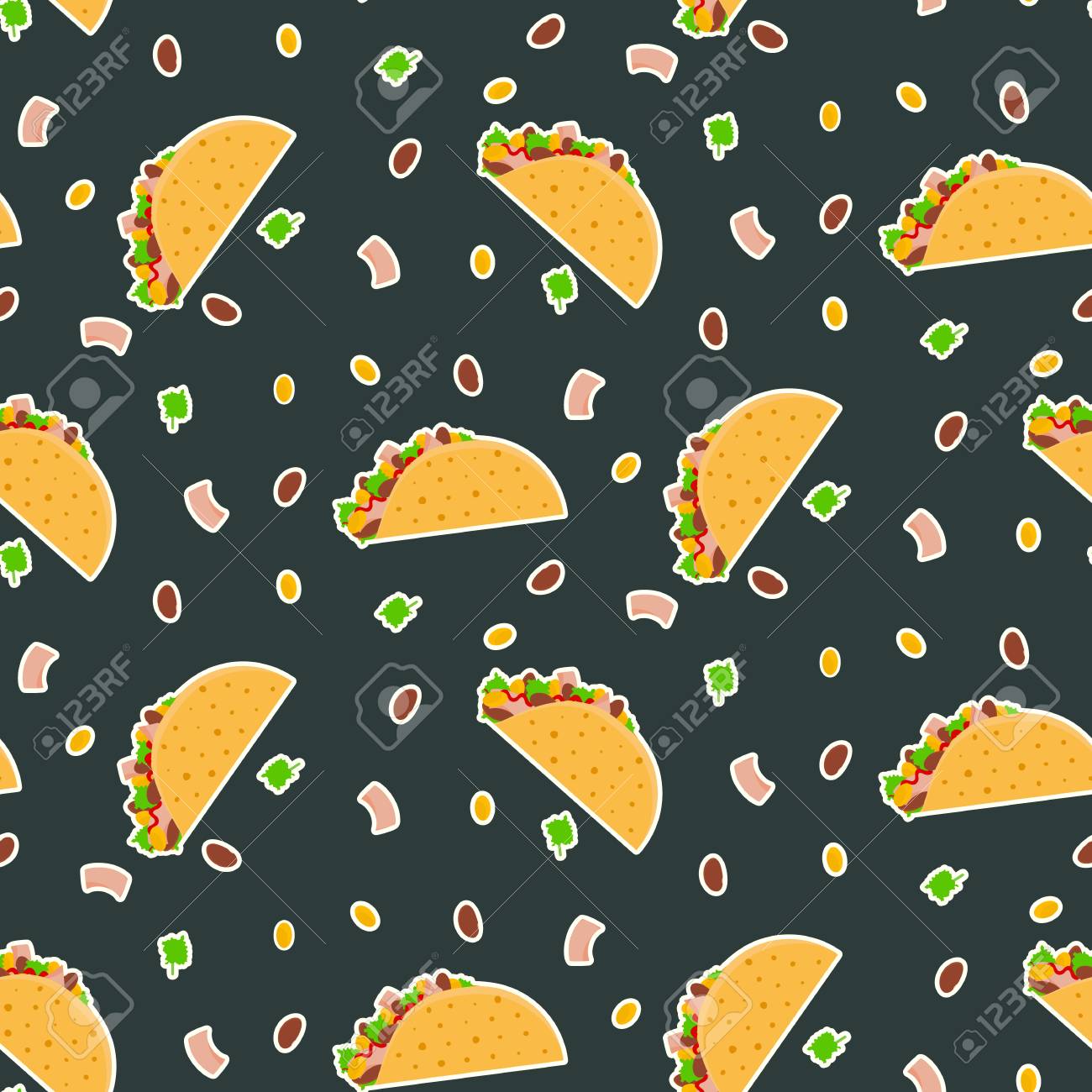 Cute Cartoon Contrast Vector Mexican Tacos Pattern On Dark