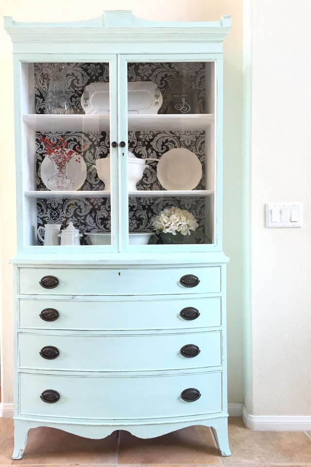 Antique Hutch Makeover With Fabric Wallpaper Back All Things