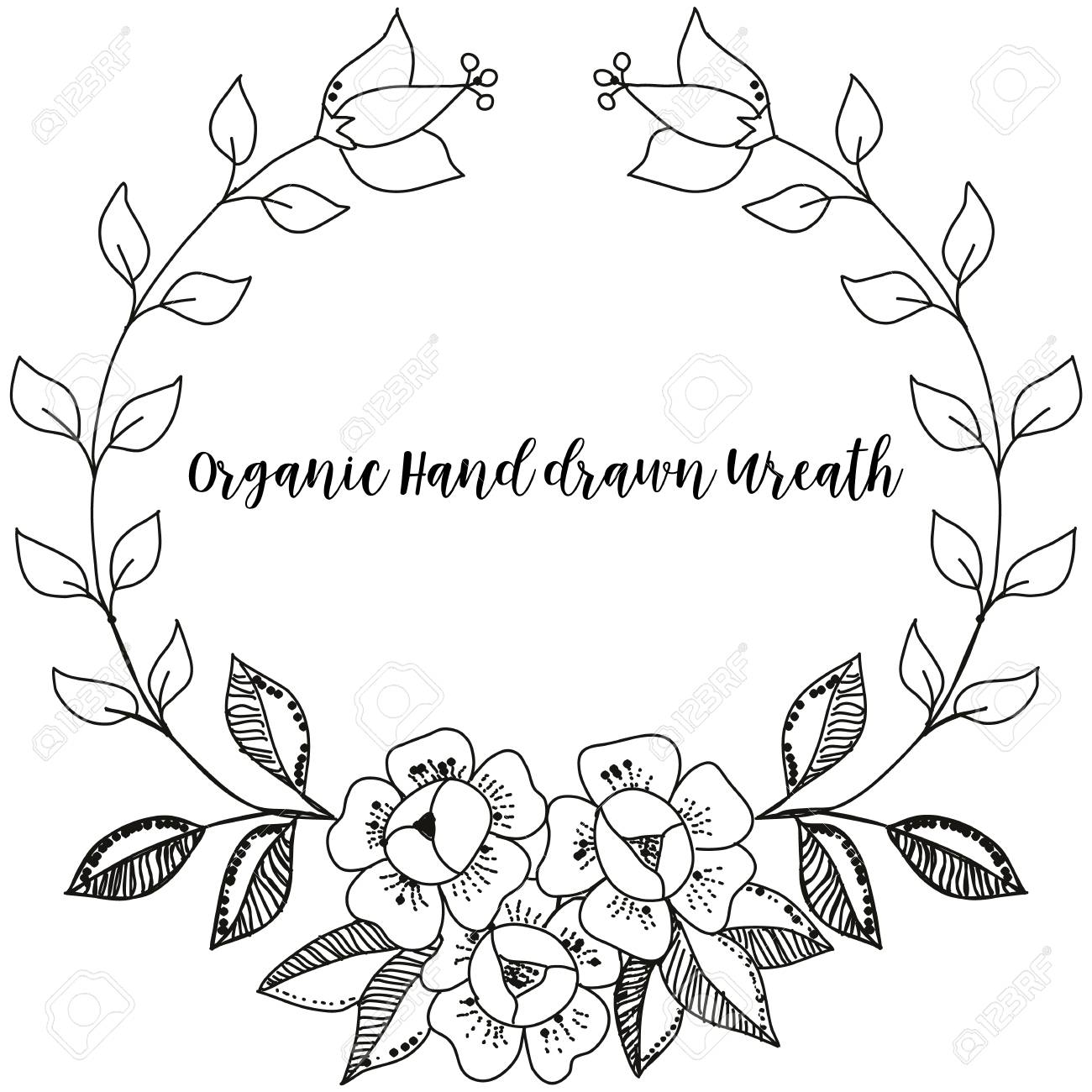 Vector Line Drawn Black And White Wreath Background Floral