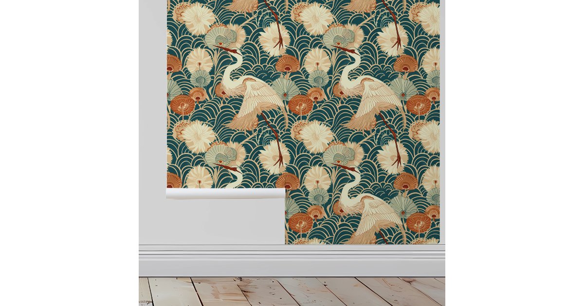 Art Nouveau Cranes Green Wallpaper R Wvf736