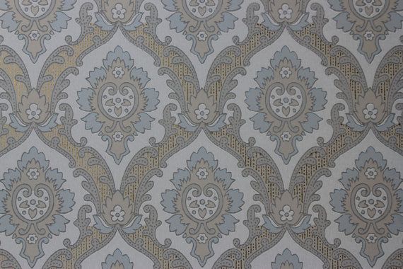 S Blue And Beige On White Damask Vintage Wallpaper Made In Engl