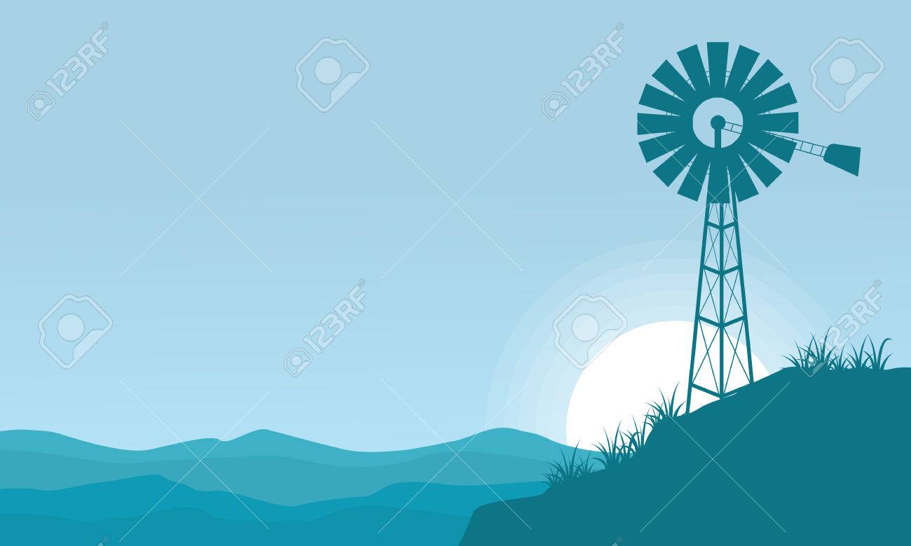 Silhouette Of Windmill On The Hill Scenery Background Vector