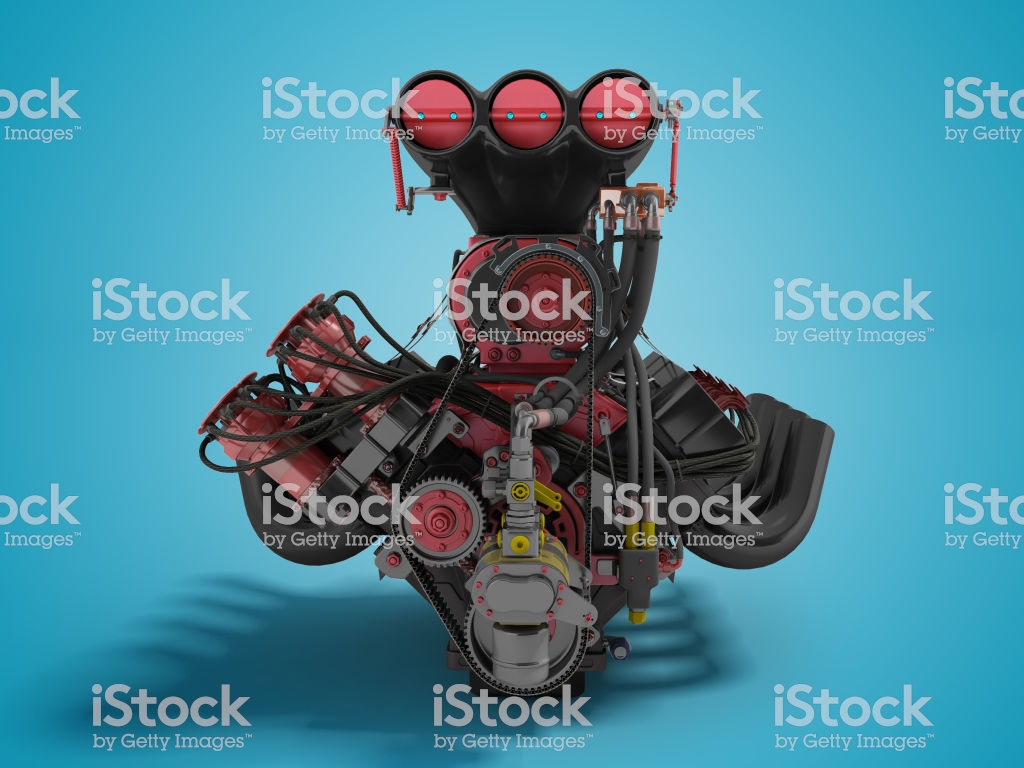 Red Engine With Supercharger Front 3d Render On Blue