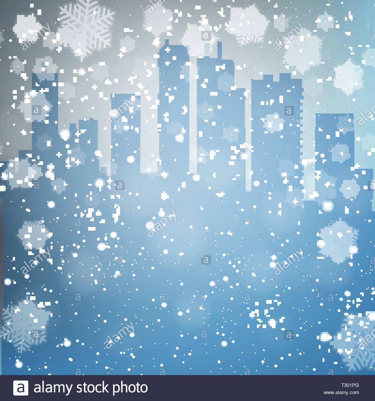 Blue Winter Background With City Scape Silhouette Snow And