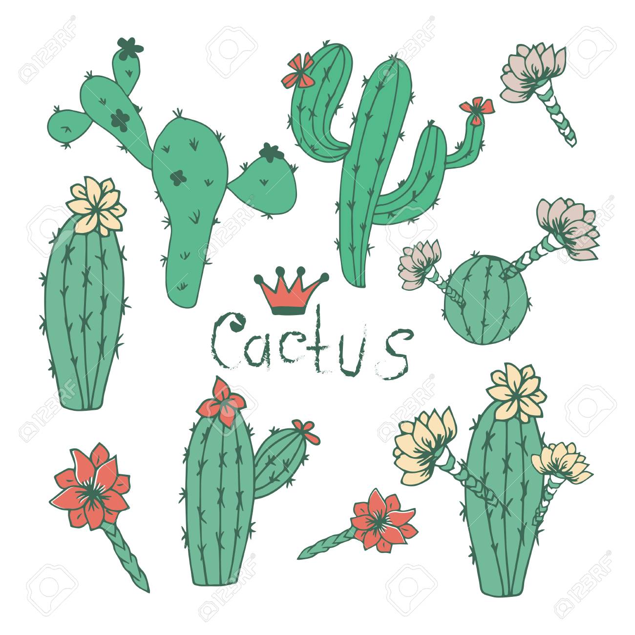 Cactus Peyote Set On A White Background Sketch Doodle Royalty
