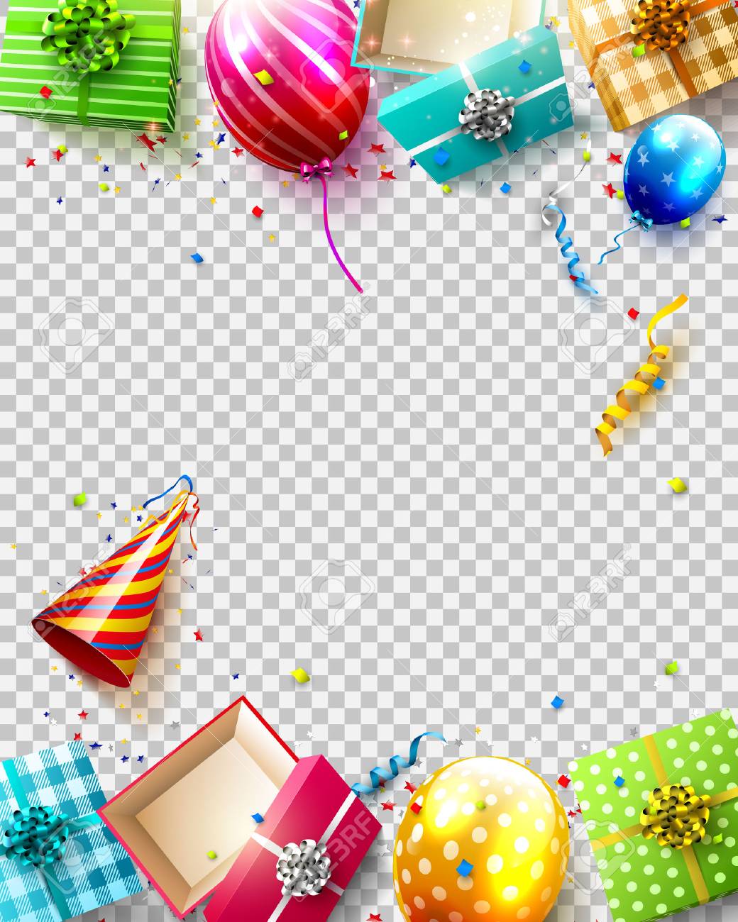 BirtHDay Balloons Gifts And Confetti On Transparent Background
