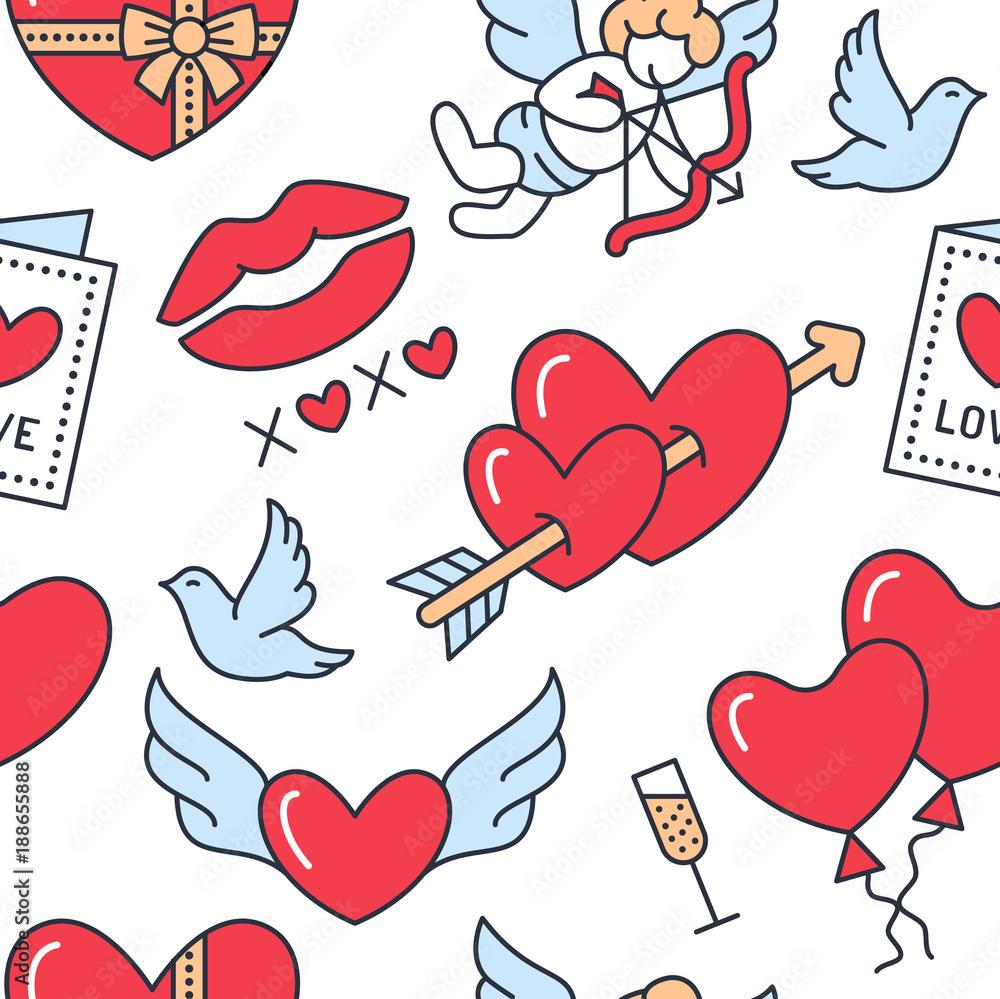 Valentines Day Seamless Pattern Love Romance Flat Line Icons
