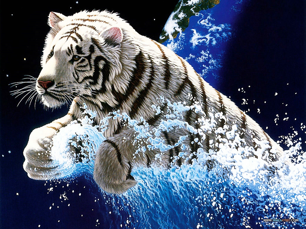 A white tiger leaping through space with a backdrop of Earth and stars