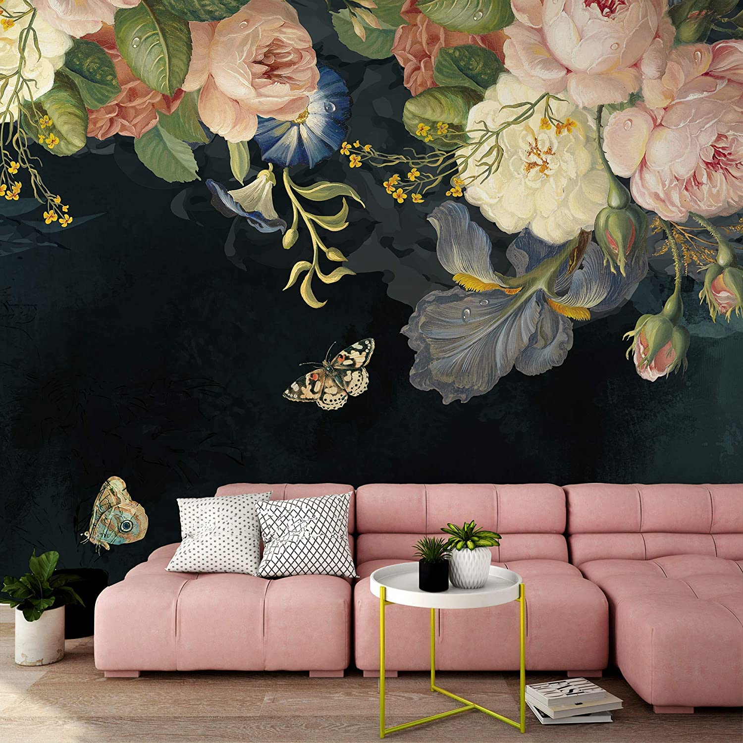 Amazon Murwall Oil Painting Dark Floral Wallpaper Pink Peony