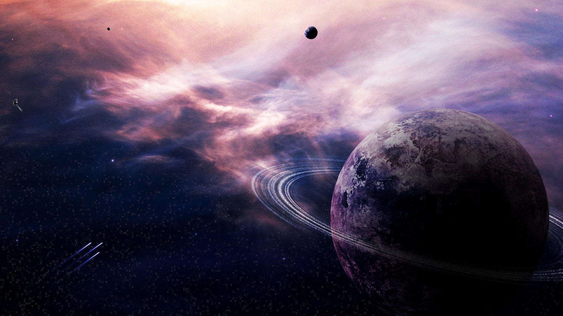 A breathtaking view of a ringed planet in a vibrant nebula, surrounded by distant celestial bodies. Perfect for astronomy enthusiasts
