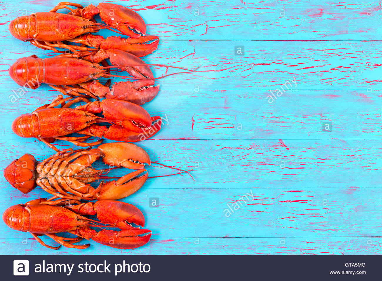 Colorful Red Lobster Border On An Exotic Crackle Glaze Blue Wood