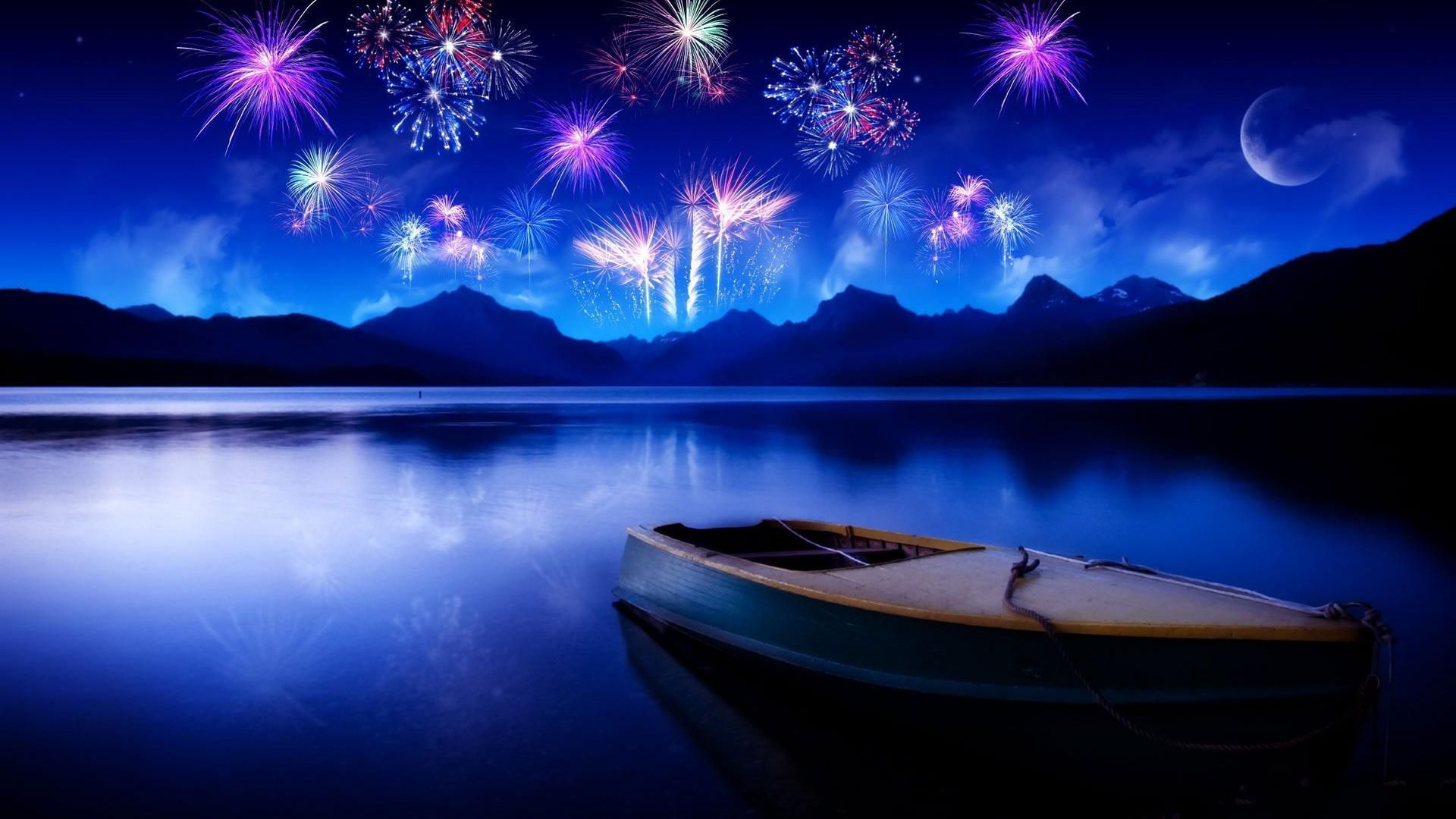 Cool Bright Twilight Fireworks Lake Desktop Background Widescreen