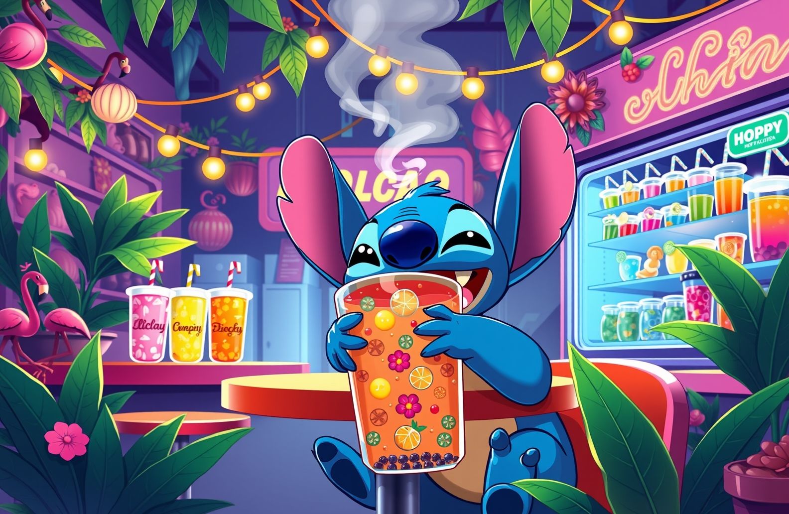 Stitch Drinking Boba Wallpaper