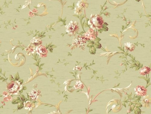 Victorian Cabbage Rose on Green Wallpaper Double Rolls for sale