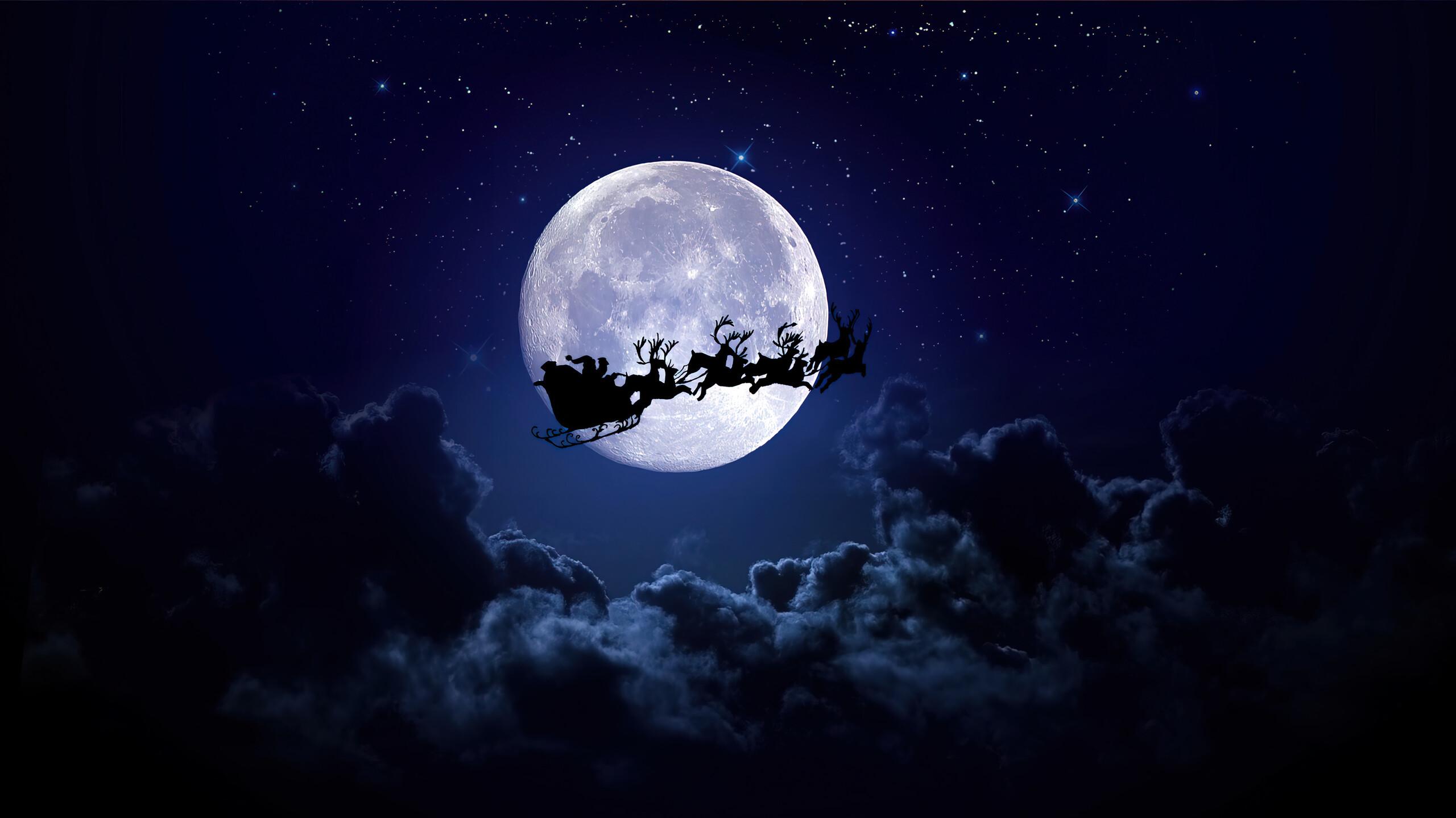 Santa Claus Flying Reindeer Sleigh Silhouette Christmas Wallpaper