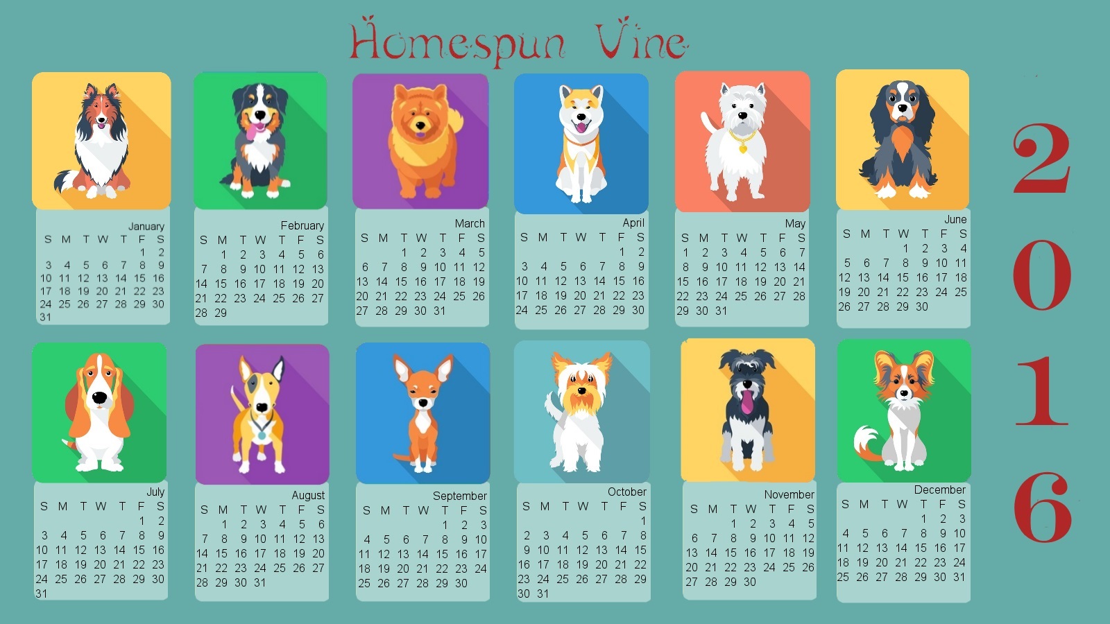2016 Doggies Desktop Wallpaper With Calendar Homespun Vine