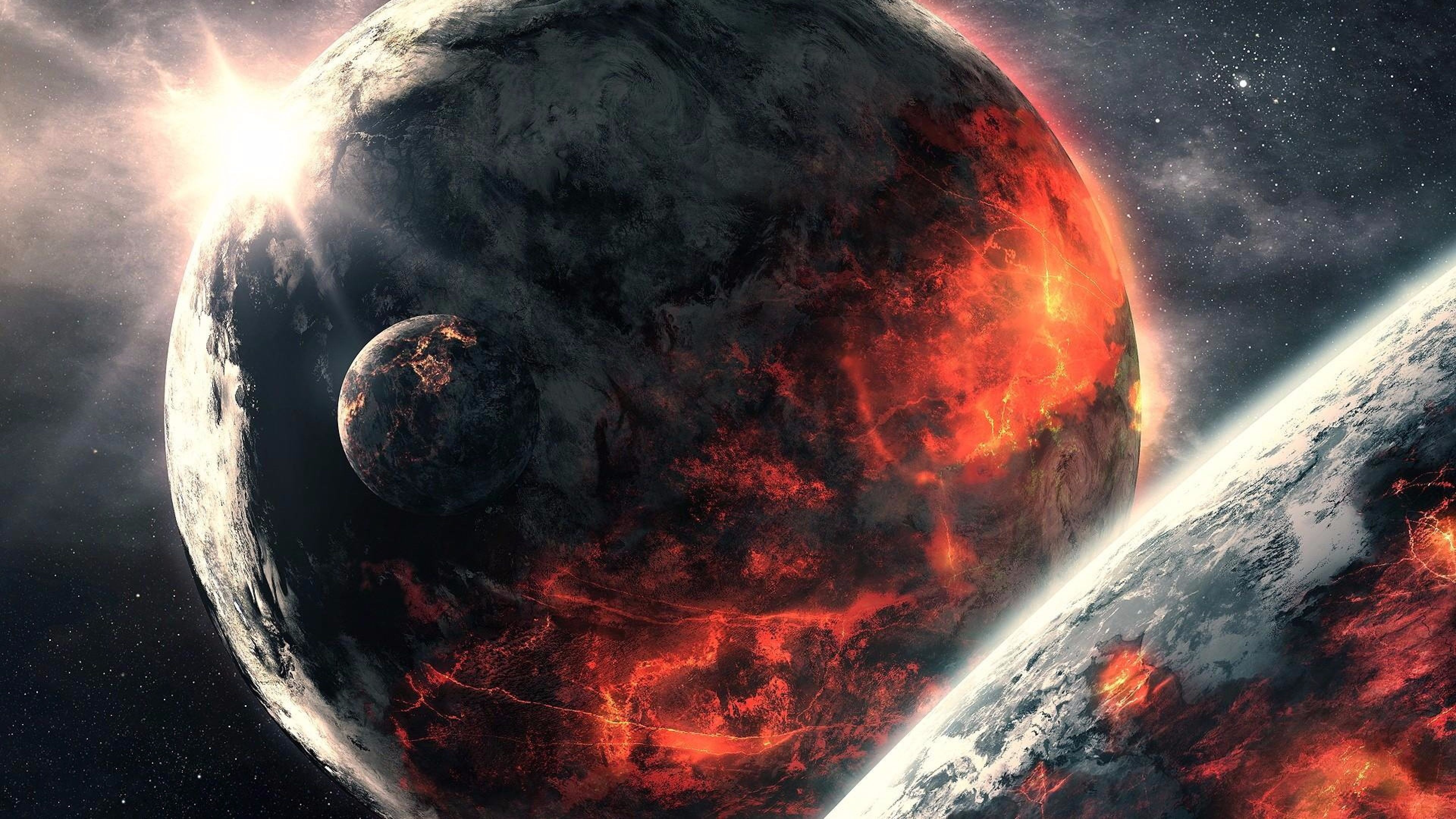 Two planets colliding in space with a smaller moon orbiting the larger planet