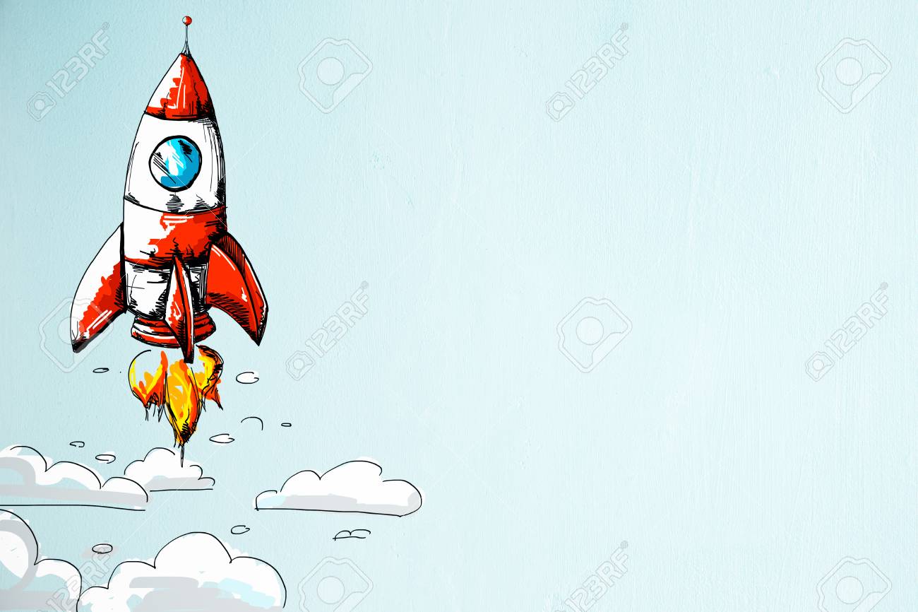 Drawn Rocket On Blue Background With Clouds Startup And