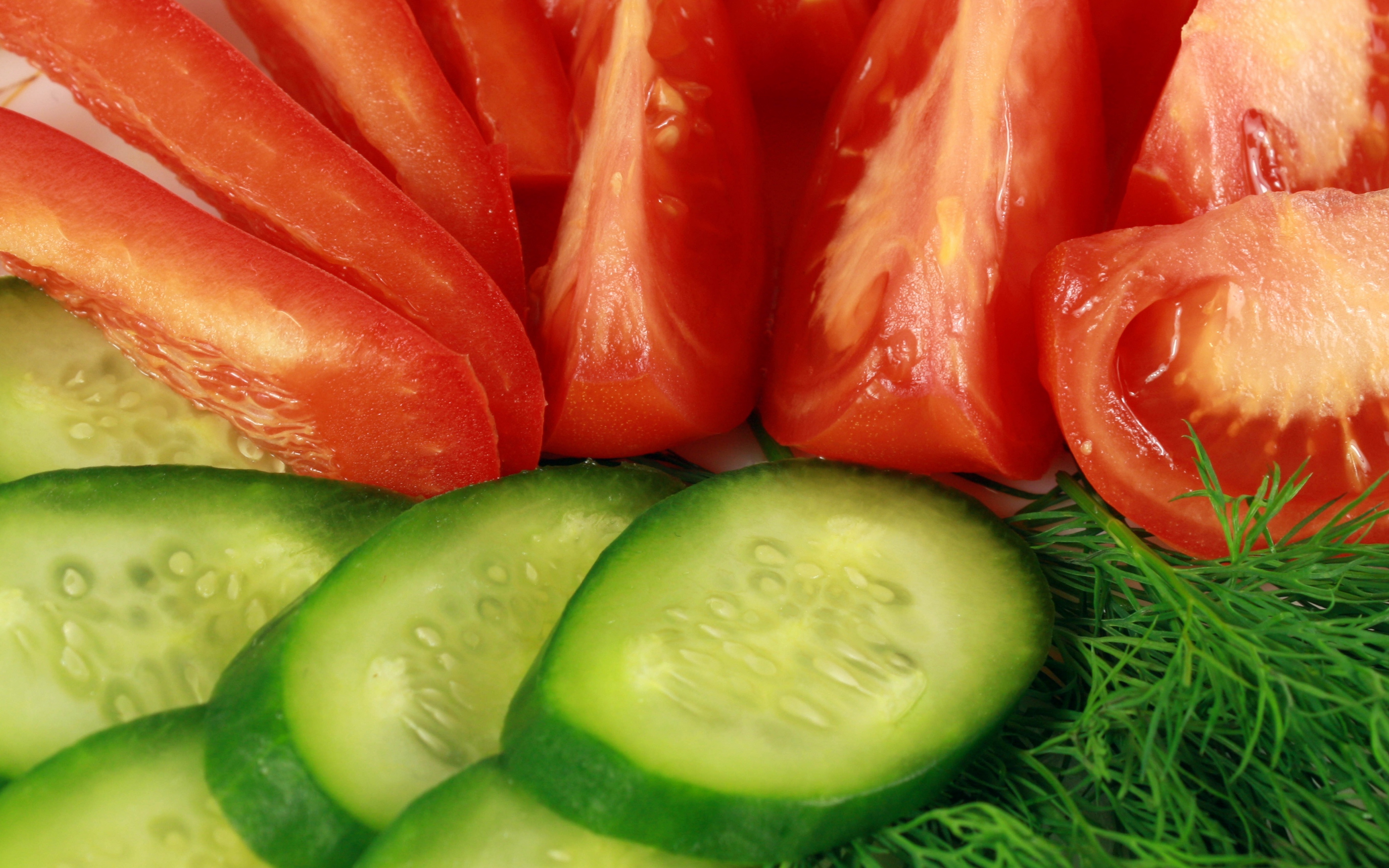 Wallpaper Cucumbers Tomatoes Plate Dill 4k