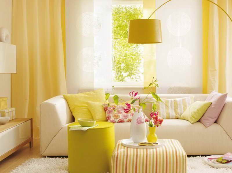 Bright Yellow Wallpaper Decoration For Living Room With Curtains
