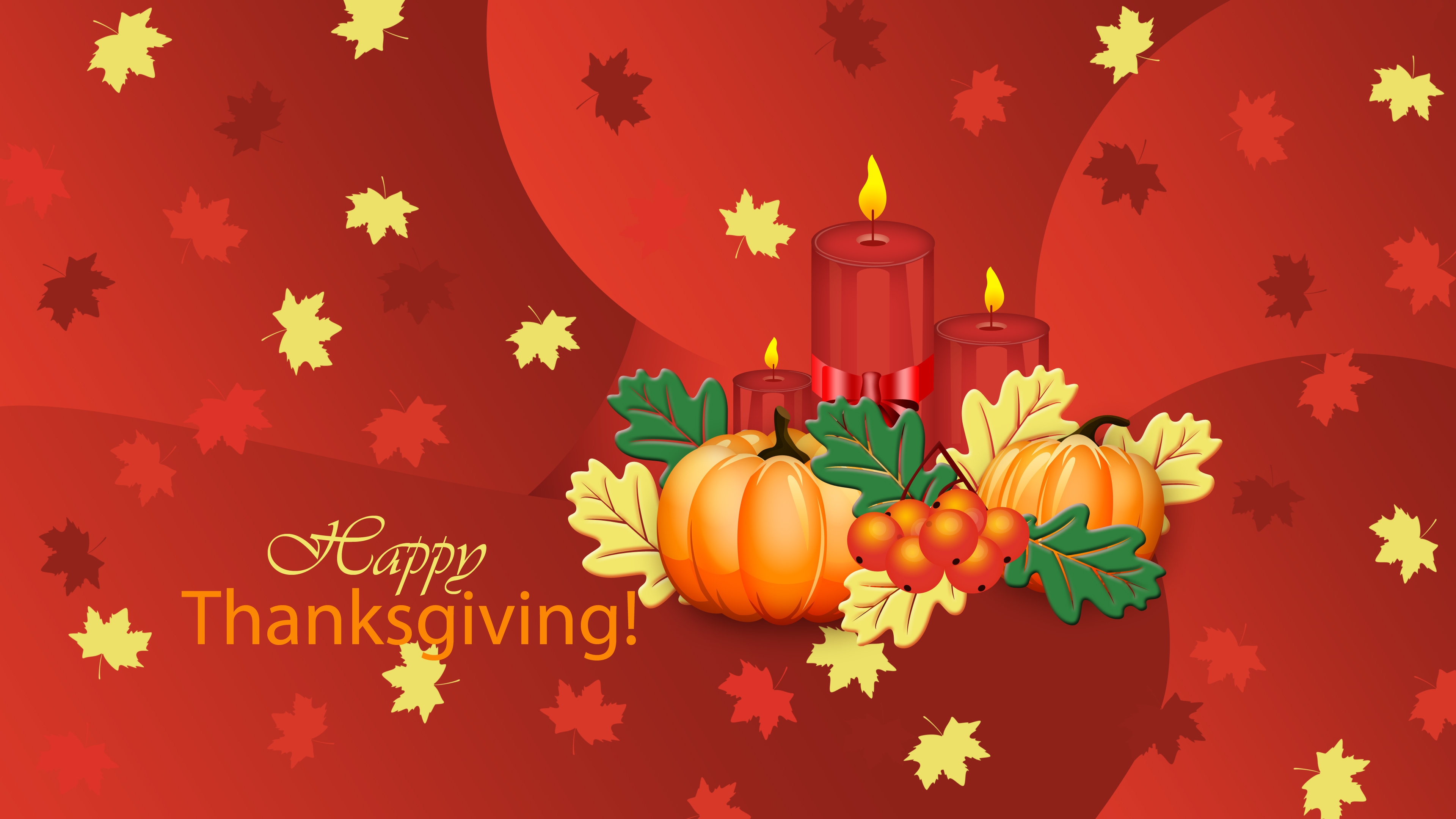 Happy Thanksgiving greeting card with pumpkins, candles, and autumn leaves on a red background