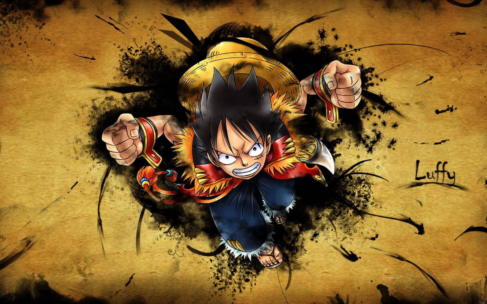 Dynamic illustration of Monkey D. Luffy from One Piece in a fighting stance, against a textured, gold-toned background