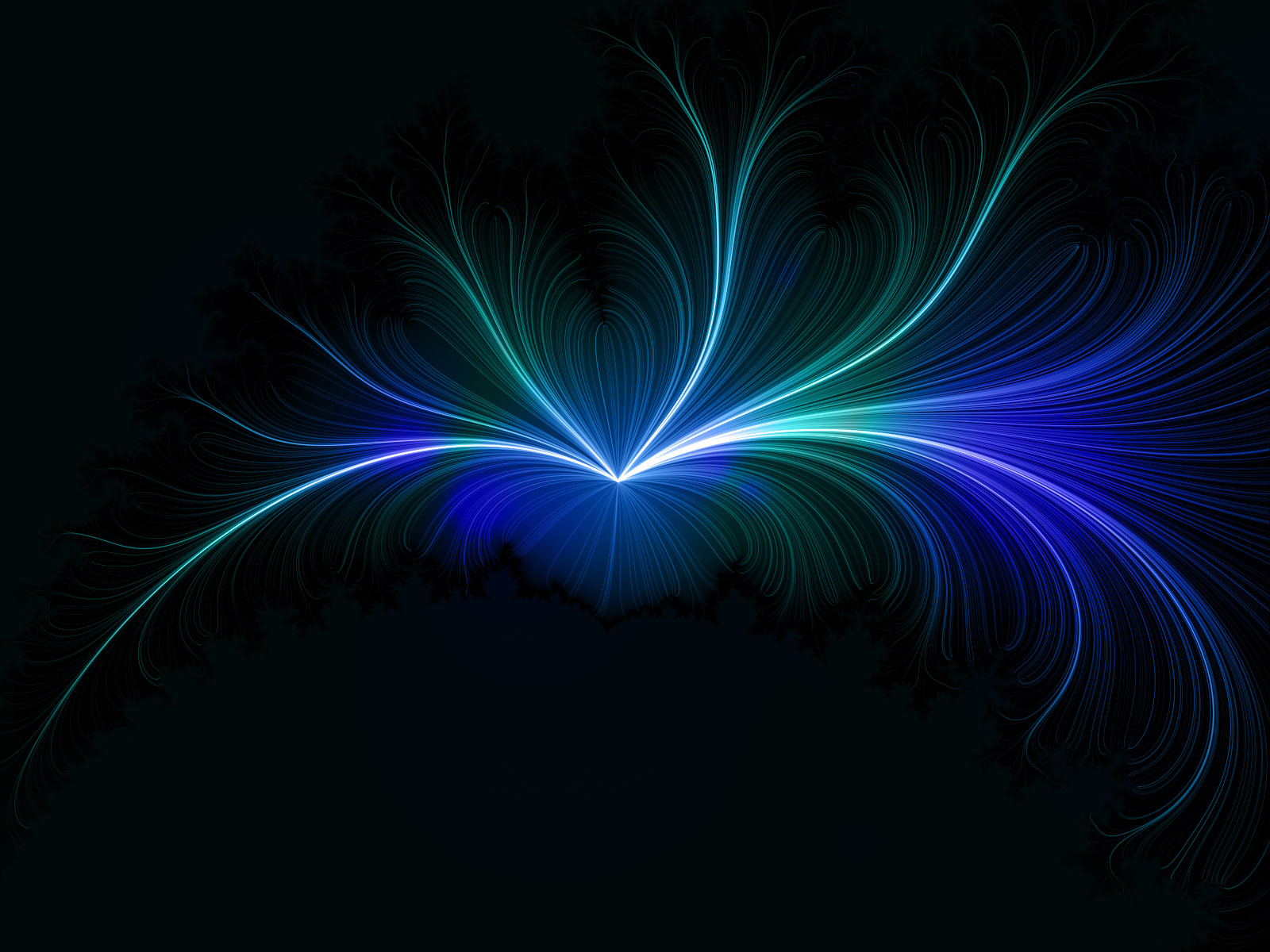 Abstract blue and teal light streaks burst from a central point against a black background, resembling a stylized firework or aurora borealis