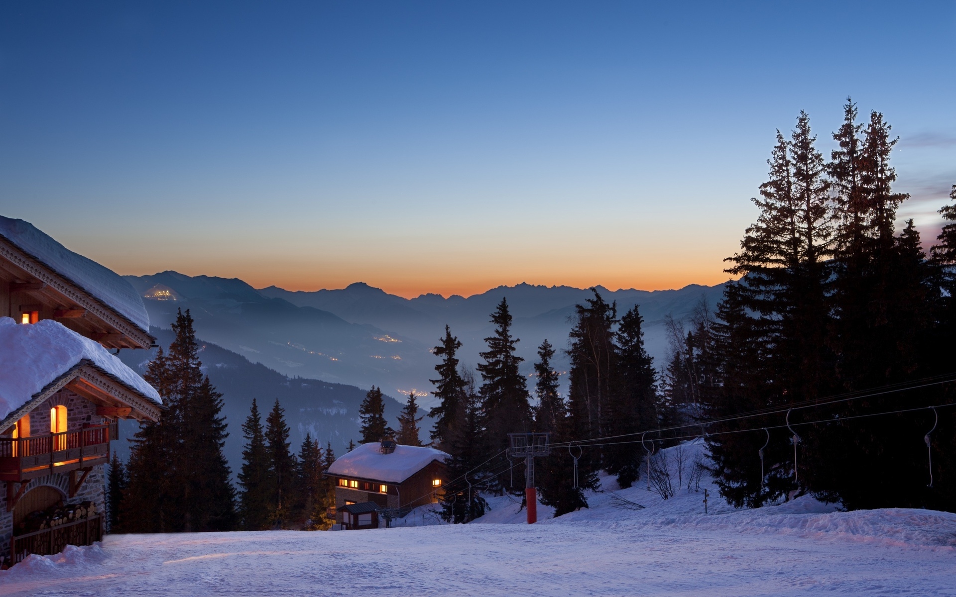 Winter Snow Resort Mountains Trees Sunset Sunrise Sky Buildings Cabin