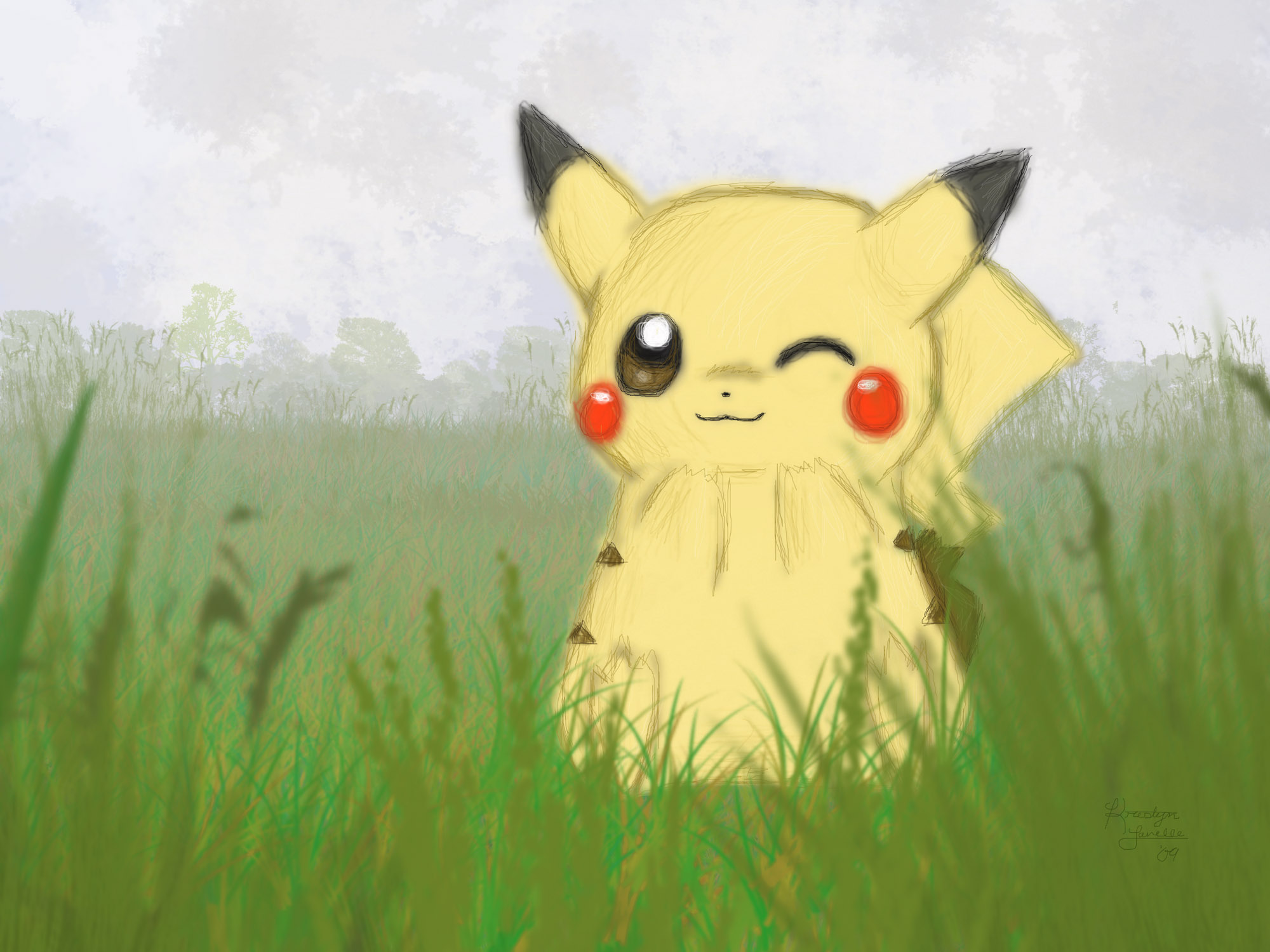Cute Baby Pikachu Wallpaper Foggy Field
