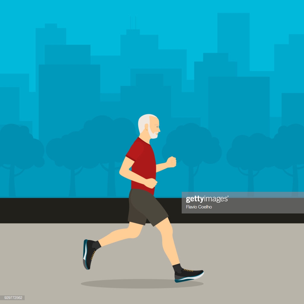 Healthy Old Man Jogging And City On The Background Illustration