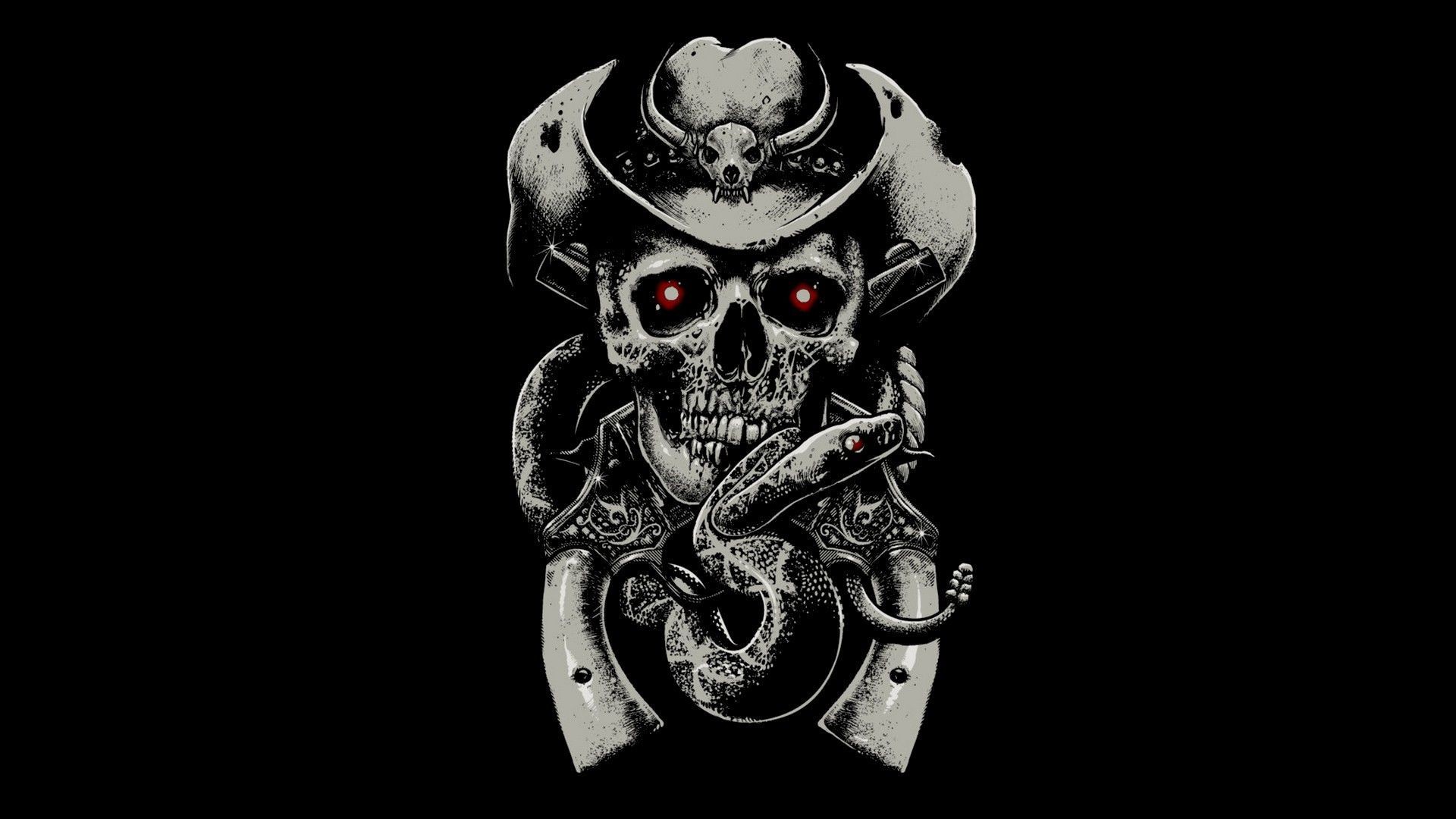 A striking illustration of a skull wearing a cowboy hat, with glowing red eyes and a snake wrapped around two revolvers, set against a black background