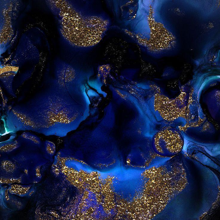 Indigo Blue Marble And Gold Glitter Wallpaper Happywall