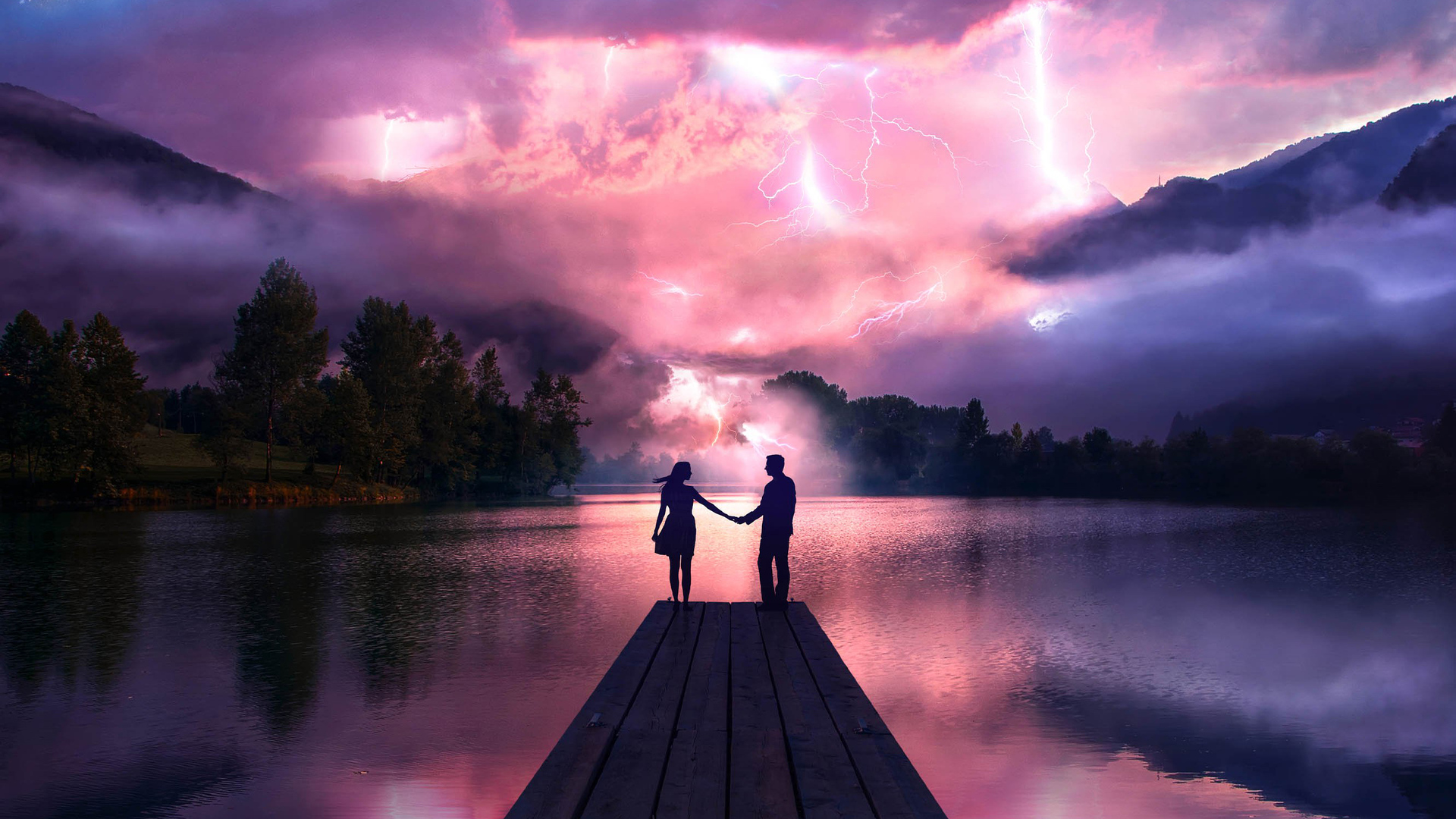 A silhouette of a couple holding hands on a wooden pier, against a backdrop of a dramatic, lightning-filled sky and a serene lake reflecting the vibrant hues
