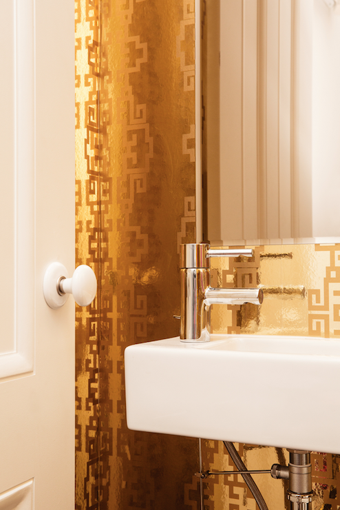 Metallic Gold Greek Key Wallpaper Contemporary Bathroom Ensemble